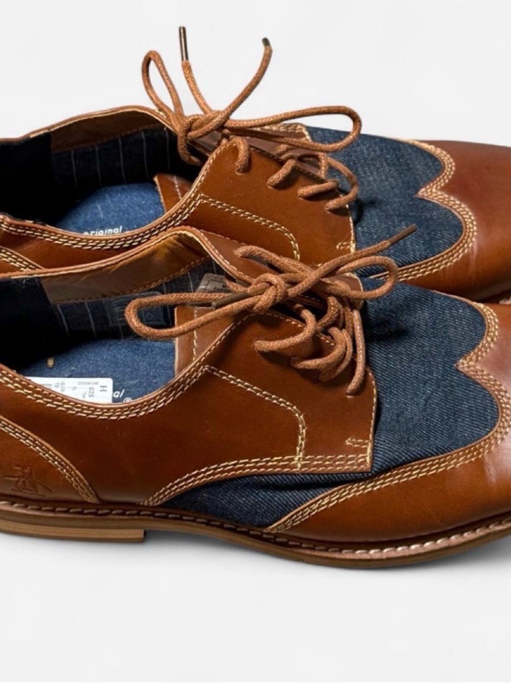 Original Penguin Men’s Brown Leather and Blue Canvas Wingtip Derbys - Picture 2 of 4